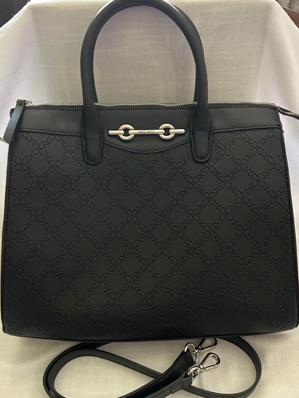 Black Embossed Leather Tote Bag with Silver Hardware